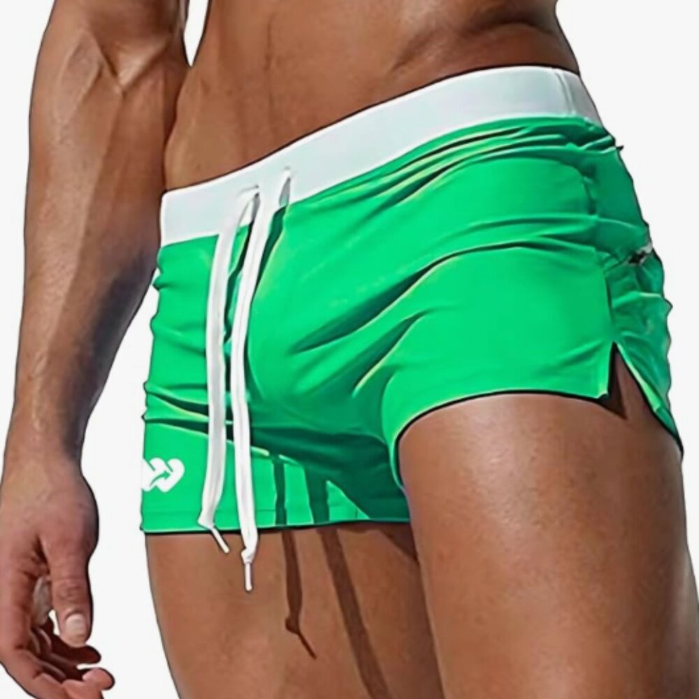 Men's Sexy Swim Trunks With Zippered Back Pocket Resort Wear Grass Green L